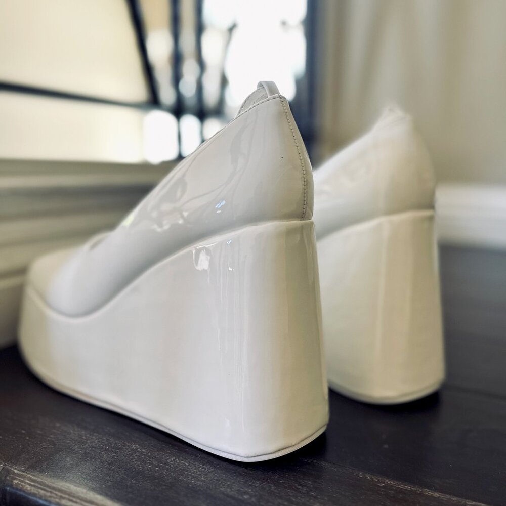 NEW🔥 Ivory Chunky Platform Wedge High Heel Shoes Buckle Ankle Strap Closed Toe - Picture 6 of 6